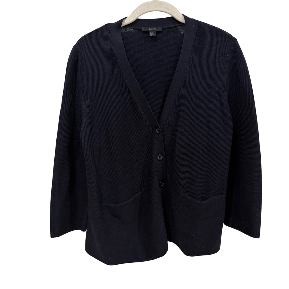 COS Womens Navy Blue 100% Cotton Textured V-Neck Button Front Cardigan Size S